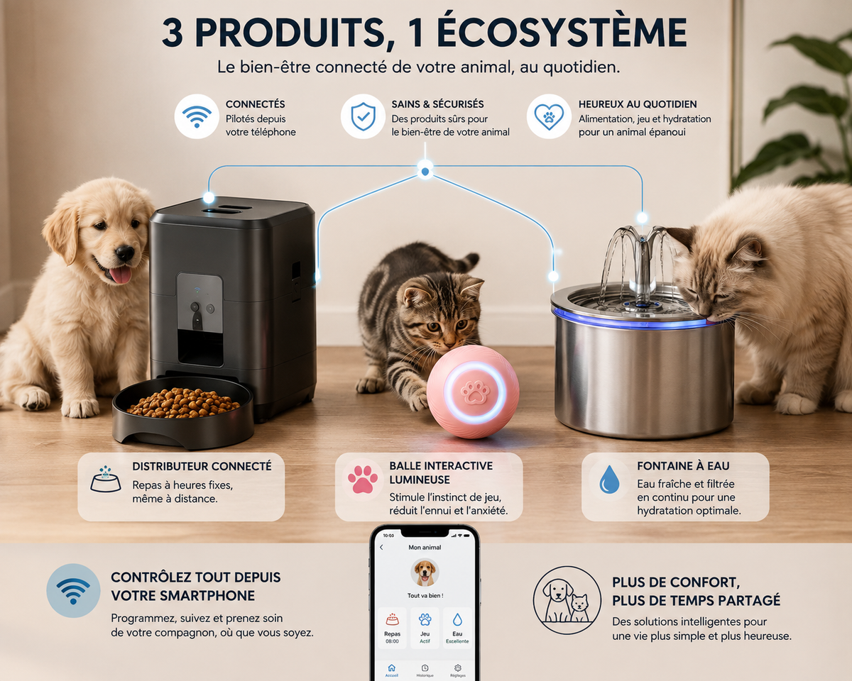 Pack Essentiels Chat & Chien — Fontaine + Mangeoire Wi-Fi + Balle Interactive