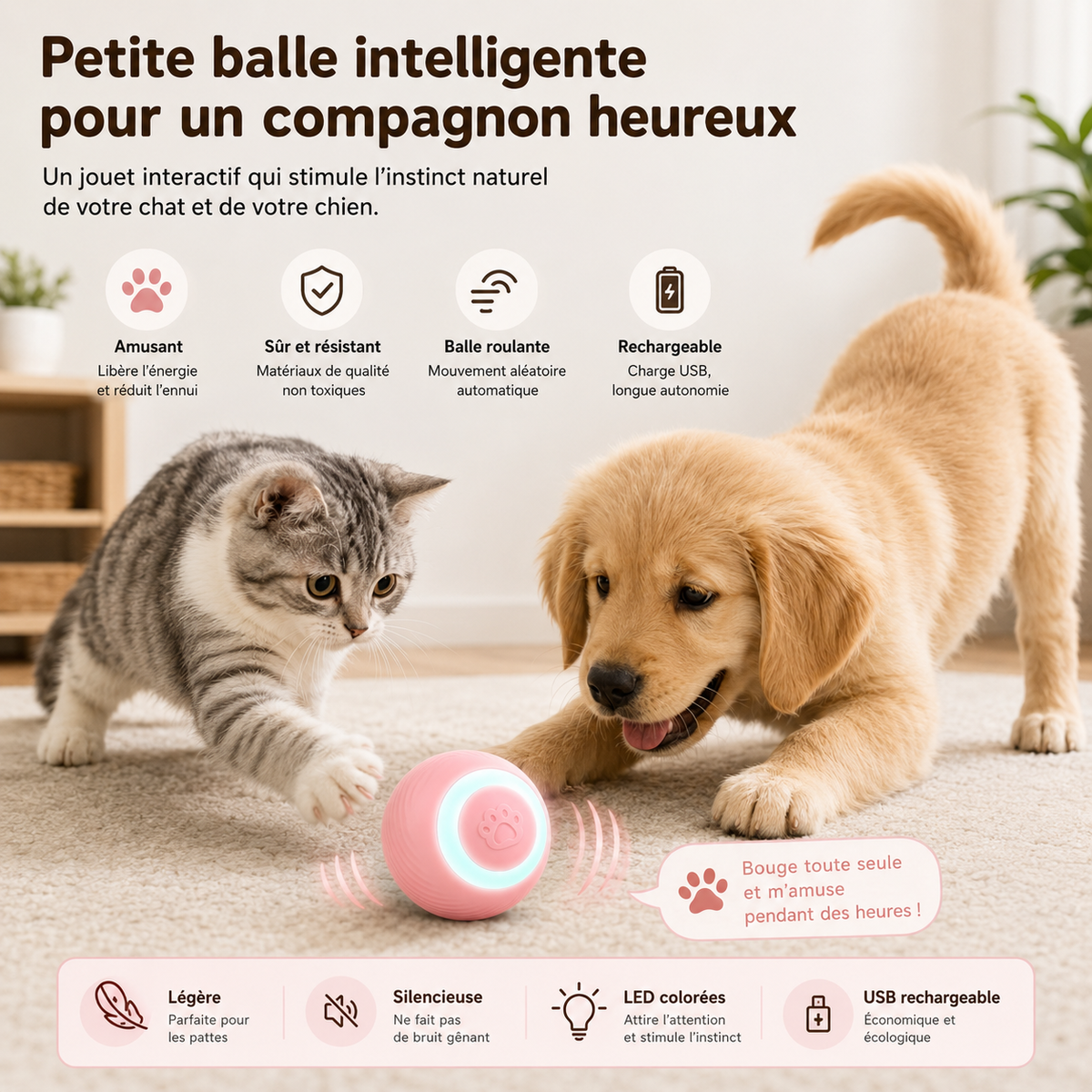 Balle interactive avec empreinte patte bleue et rose